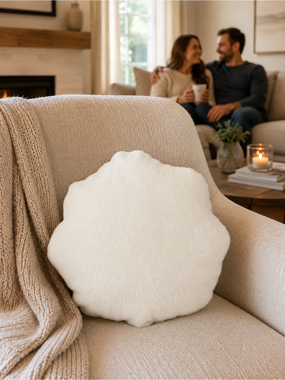 100% Wool Decorative Accent Pillow Neutral Cloud Shaped